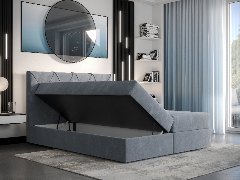 Manželská postel Boxspring 180 cm Athena (šedomodrá) (s matrací a úložným prostorem)