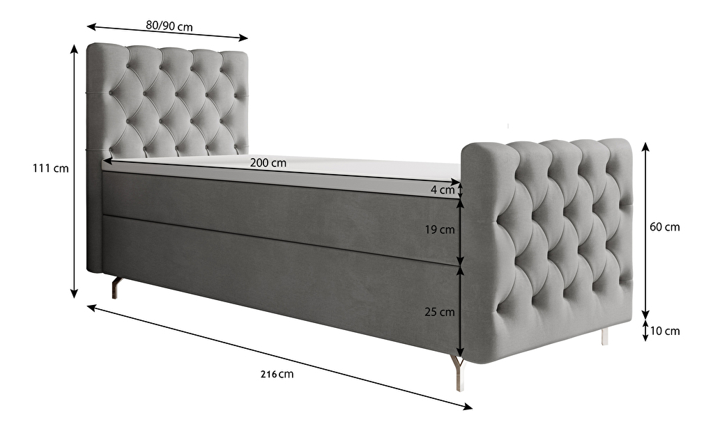 Jednolůžková postel 90 cm Clinton Bonell (šedá) (s roštem, s úl. prostorem)