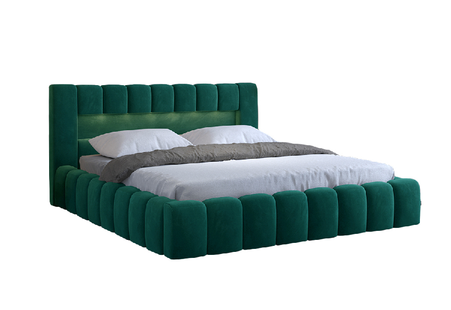 Manželská postel 180 cm Luxa (tmavě zelená) (s roštem, úl. prostorem a LED)
