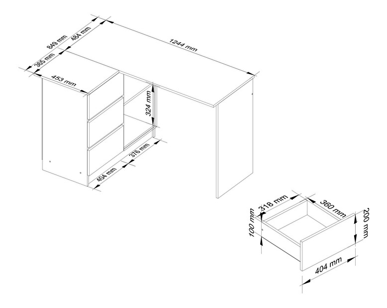 Rohový PC stolek Bodhi (bílá + grafit lesk) (L)