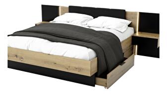 Manželská postel 180 cm Lewell (s čelním rámem) (s úl. prostorem) (dub artisan + černá)
