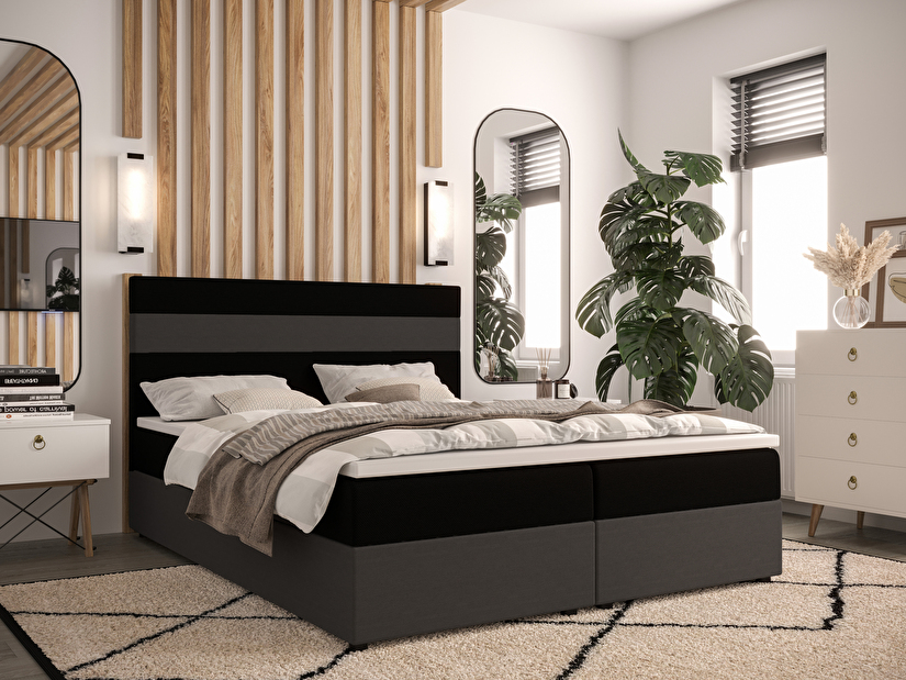 Manželská postel Boxspring 180 cm Locos (černá + šedá) (s matrací a úložným prostorem)
