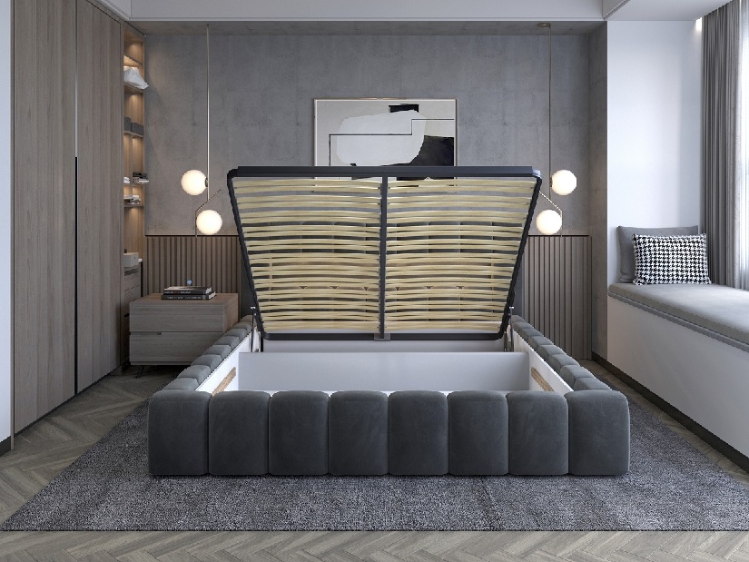 Manželská postel 180 cm Luxa (světlohnědá) (s roštem, úl. prostorem a LED)