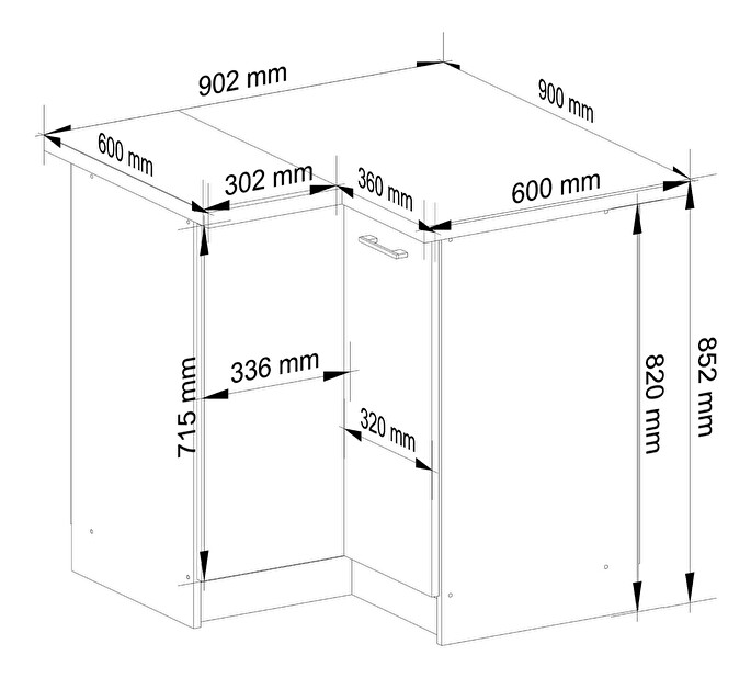Rohová dolní kuchyňská skříňka Ozara S90 90 (bílá + grafit lesk)