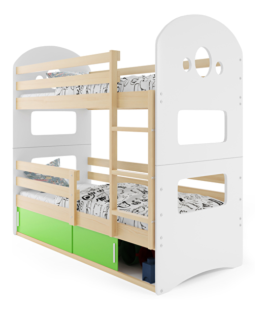 Patrová postel 80 x 160 cm Domur (borovice + zelená) (s rošty, matracemi a úl. prostorem)
