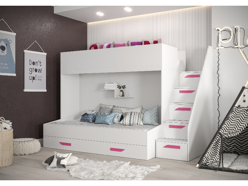 Dětská kombinovaná postel 90 cm Puro 16 (matná bílá + bílý lesk + růžové úchytky)