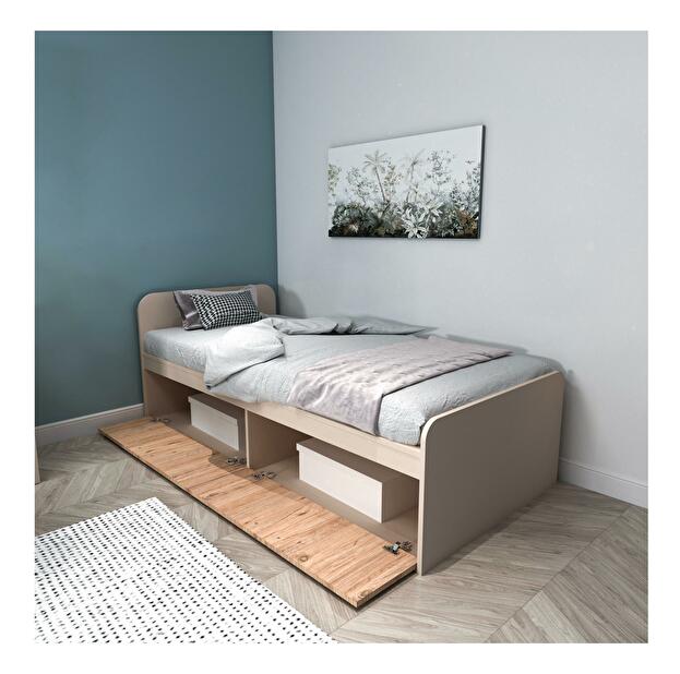 Jednolůžková postel 90 cm Levipo 2 (borovice atlantická + béžová) (s roštem)