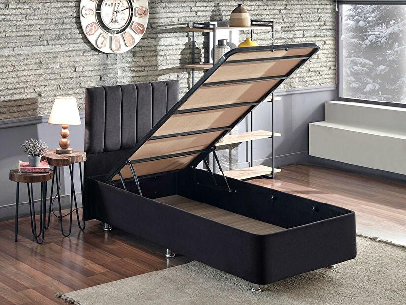 Jednolůžková postel s čalouněným čelem 100 cm Kemadi (černá) (s roštem) (s úlož. prostorem)