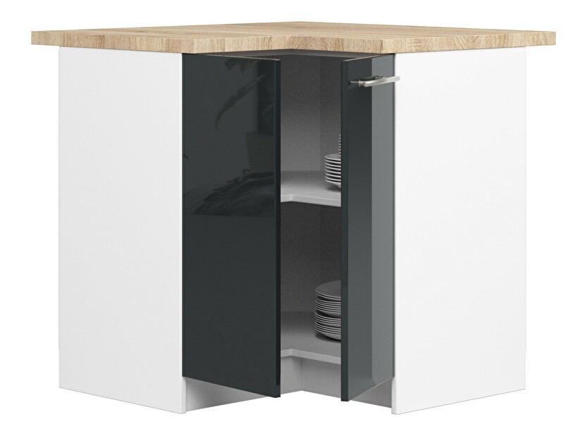 Rohová dolní kuchyňská skříňka Ozara S90 90 (bílá + grafit lesk)