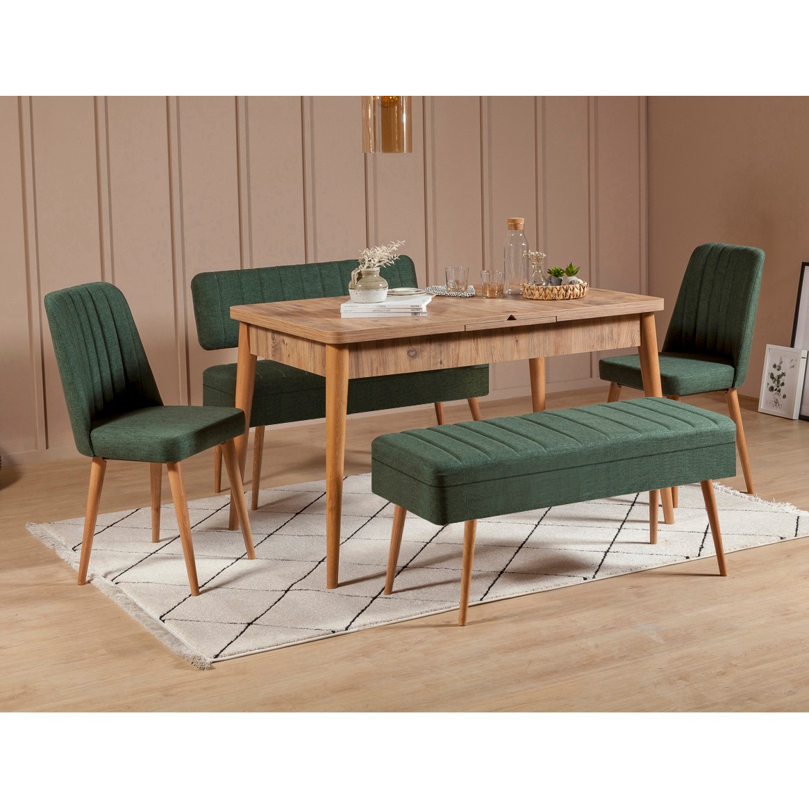 Rozkládací jídelní stůl se 2 židlemi a 2 lavicemi Vlasta (borovice antlantic + zelená)