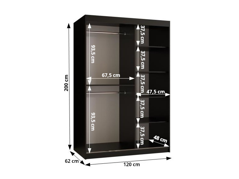 Šatní skříň Riven 2 120 (bílá matná + černá matná) (se zrcadlem)