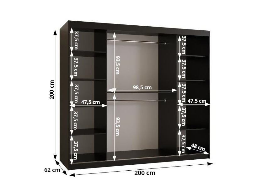 Šatní skříň Riven 2 200 (matná černá) (se zrcadlem)