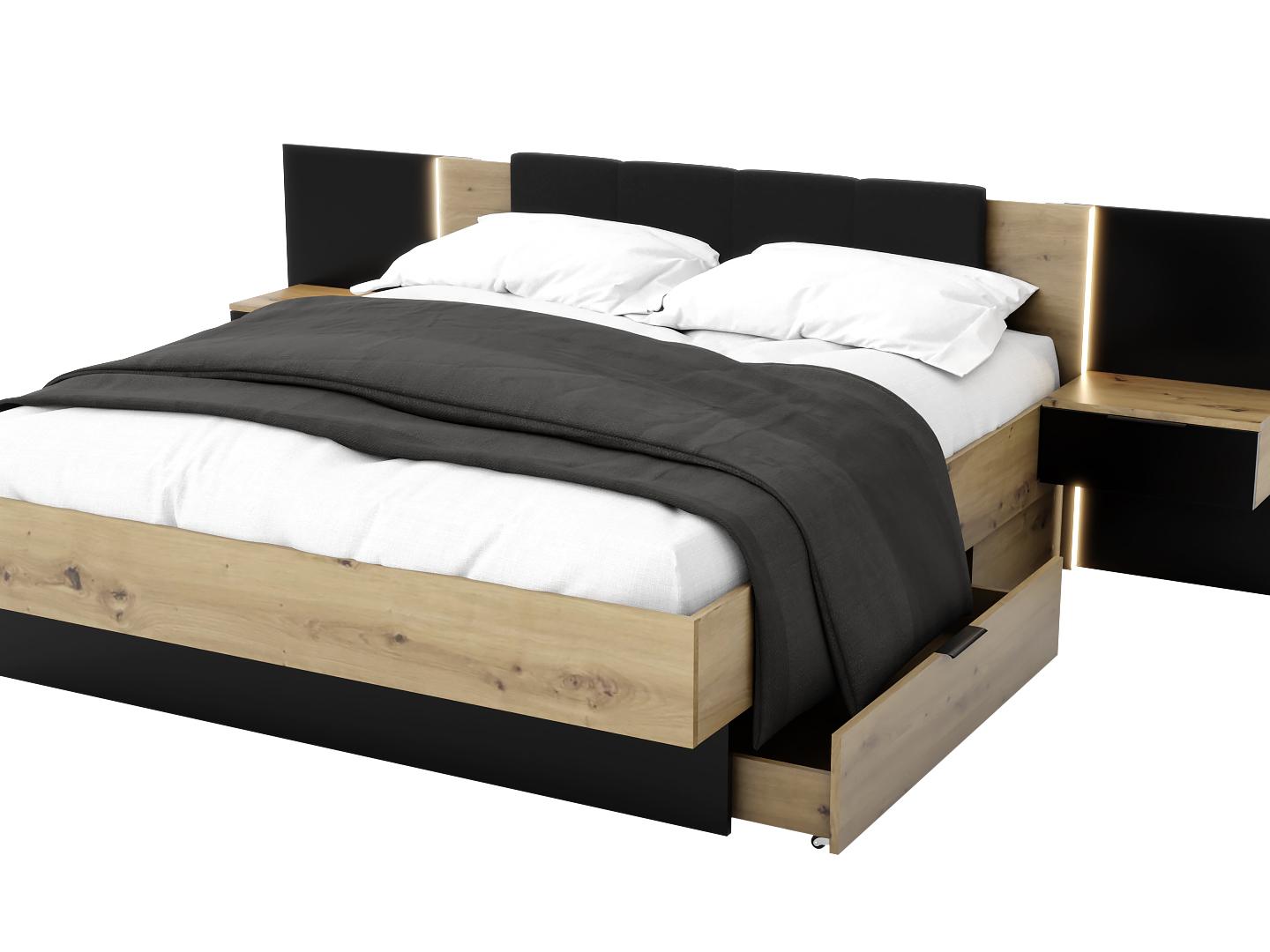 Manželská postel 180 cm Lewell (s čelním rámem) (s roštem a úl. prostorem) (dub artisan + černá)