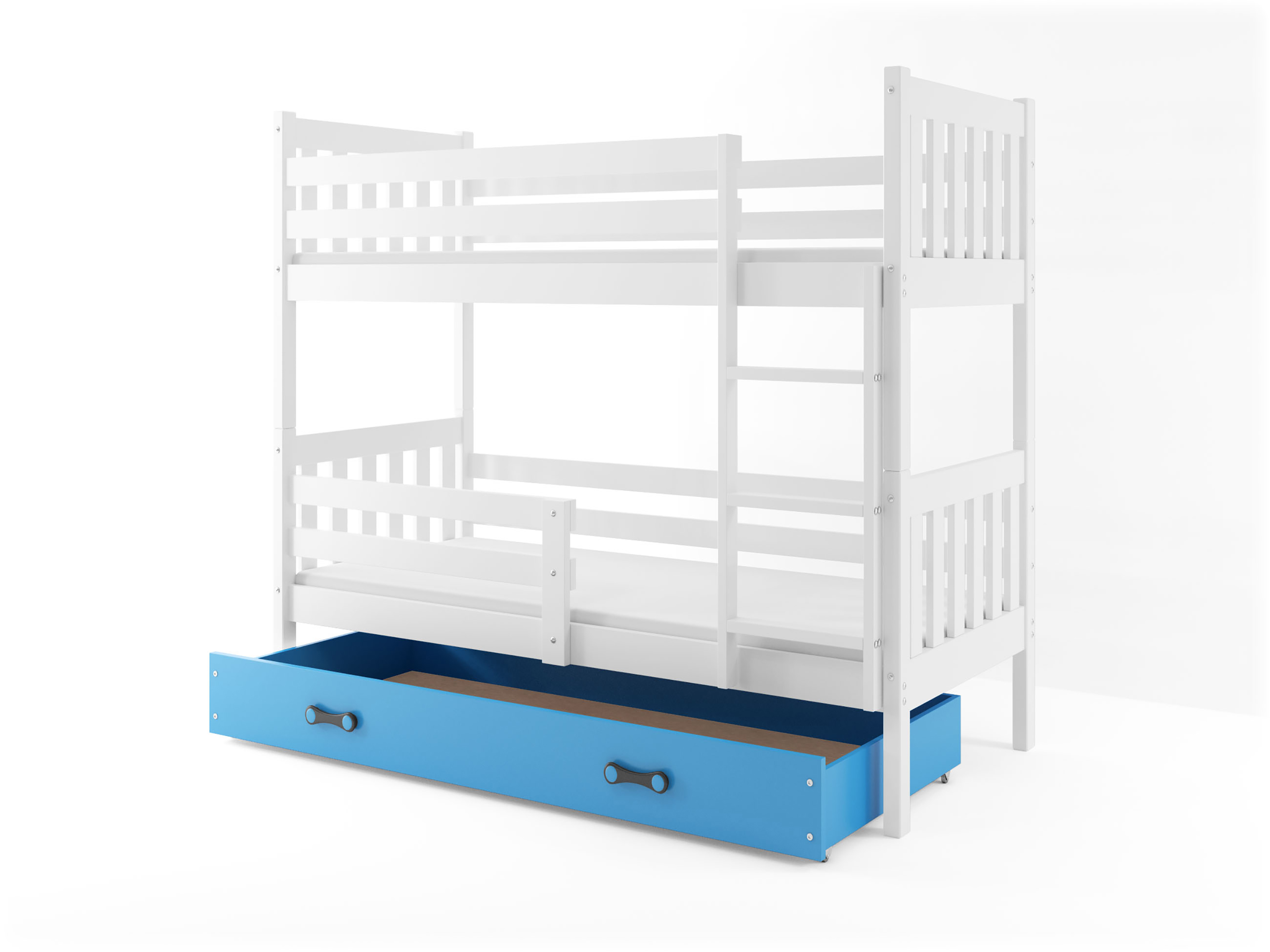 Patrová postel 80 x 190 cm Carius B (bílá + modrá) (s rošty, matracemi a úl. prostorem)