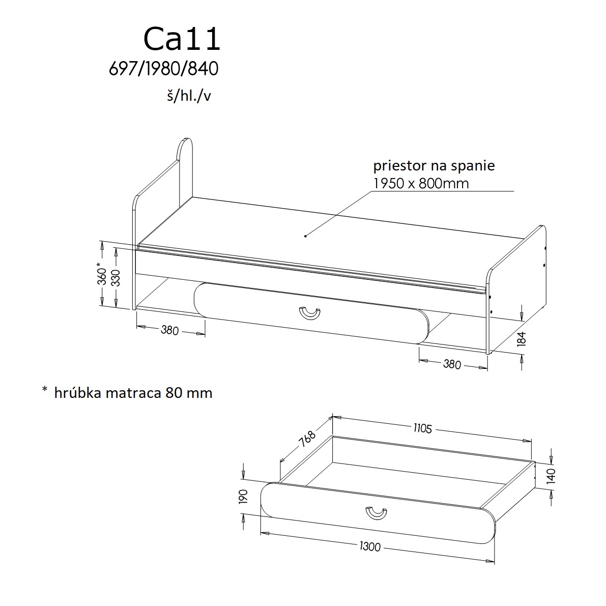 Postel typ CA11 Caryl (světlý grafit + lesklá bílá + dub nash)