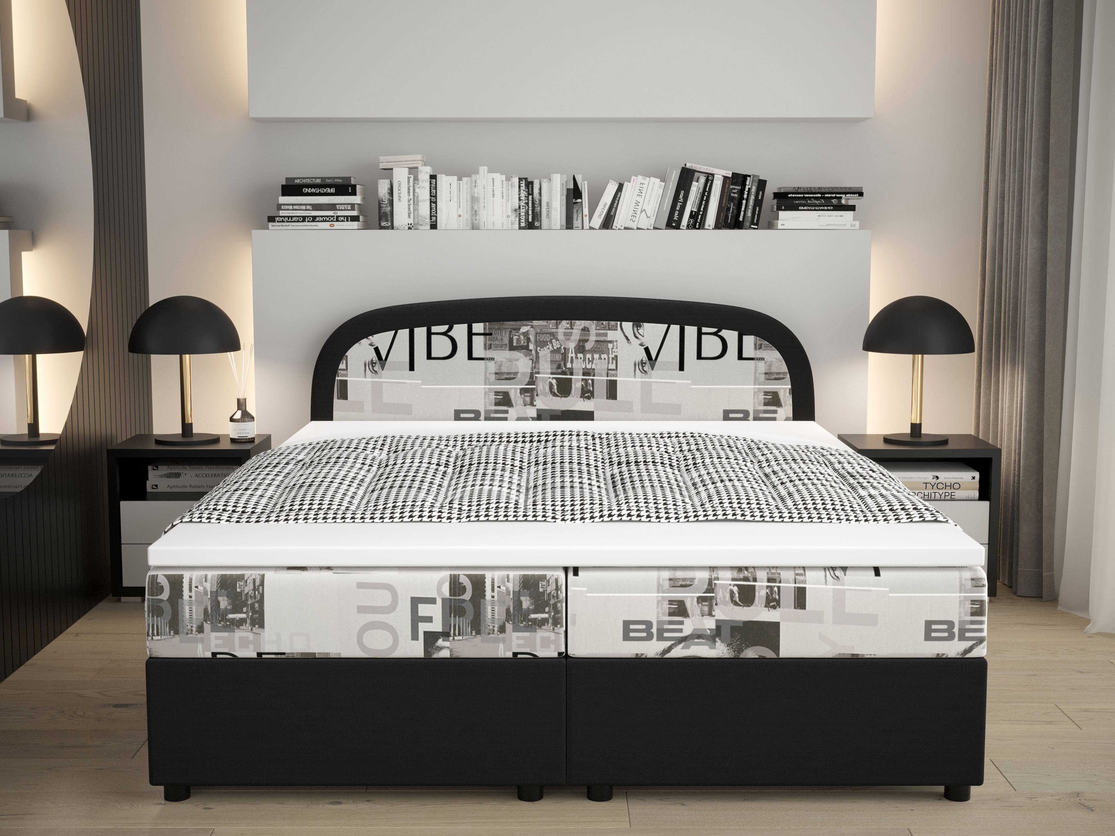 Manželská postel Boxspring 140 cm Brick Comfort (černá + vzor vlny) (s matrací a úložným prostorem)