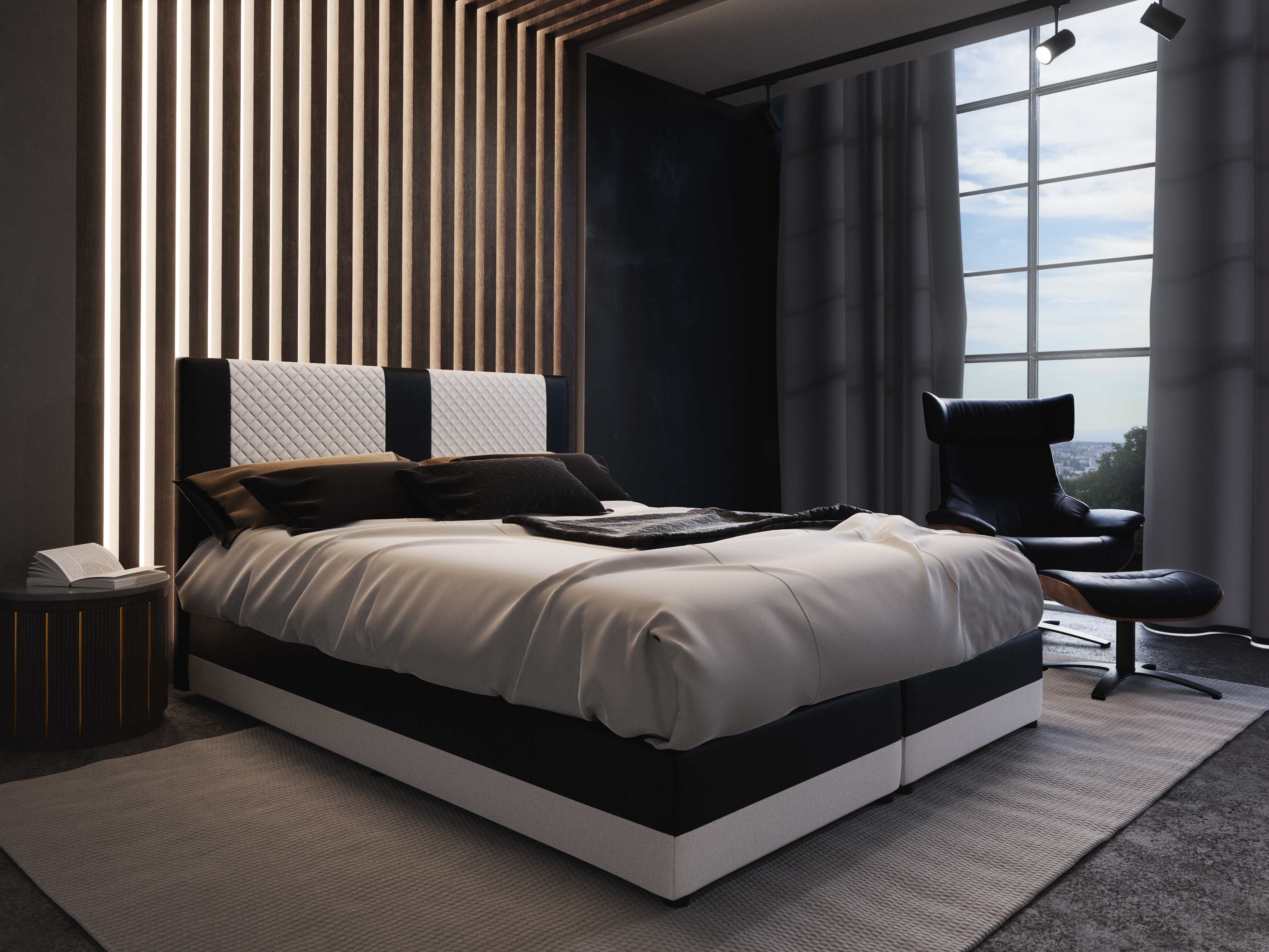 Kontinentální postel 140 cm Pecos Comfort (ekokůže + bílá + černá) (s matrací a úložným prostorem)
