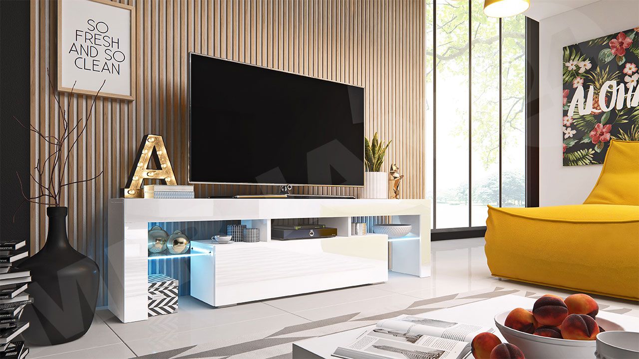 TV stolek/skříňka Gordo 158 (biela + biely lesk) (LED modré) *výprodej