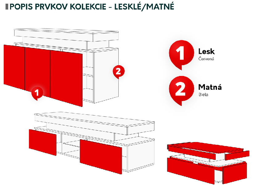 Souprava nábytku do obývacího pokoje Lesteralo I (bílá + lesk bílý)